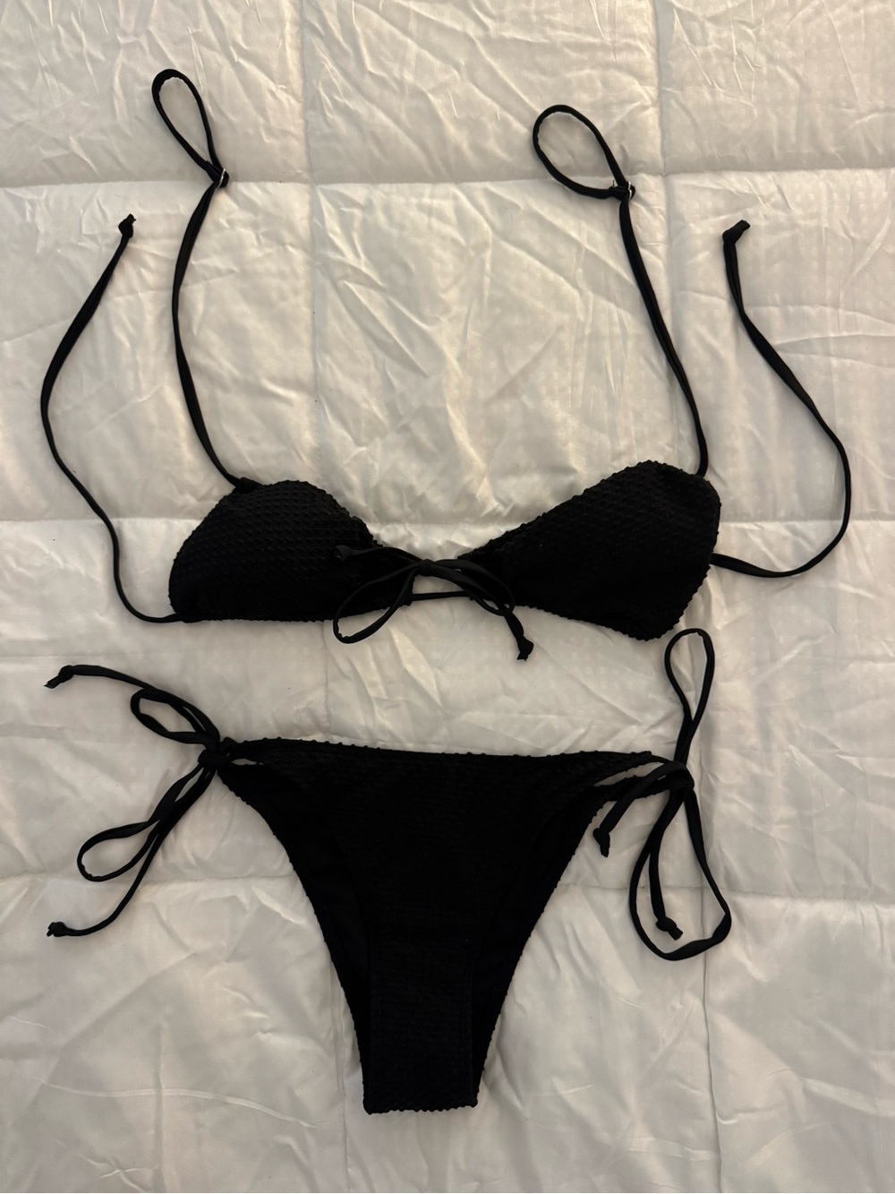 Black Textured Tie Bikini Set Size Small